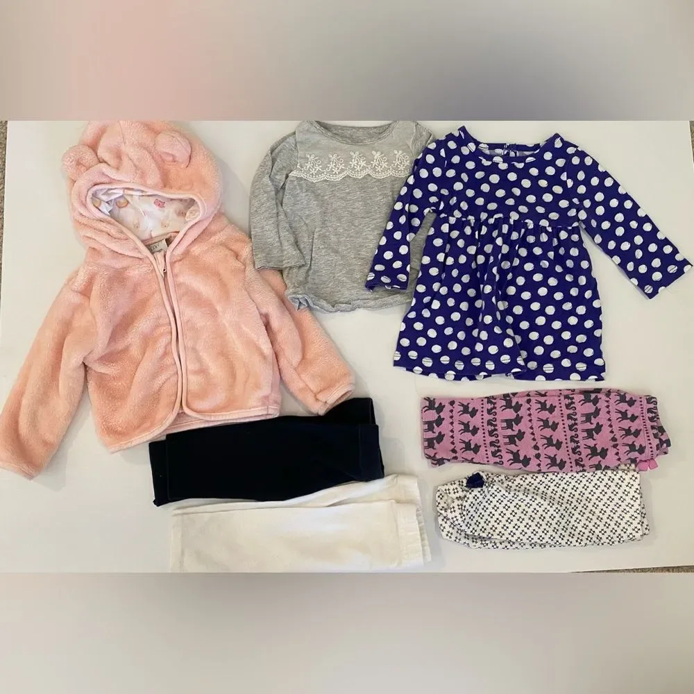 Baby Clothing Bundle Pink Fluffy Jacket, Polka Dot Dress, four leggings 3-6M